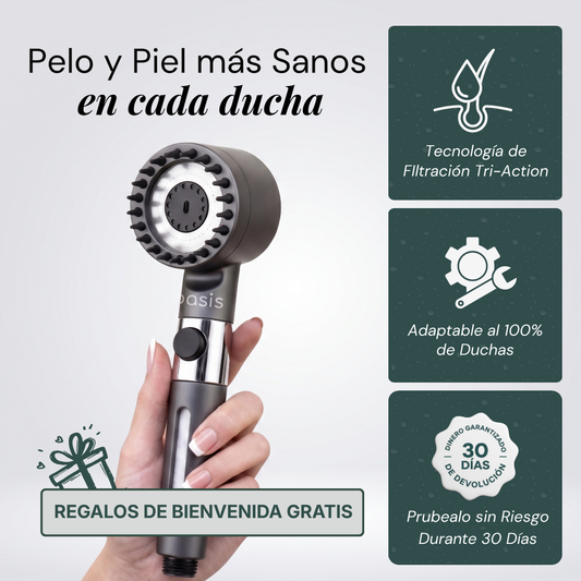 Cabezal de Ducha con Filtración Tri-Action · Elimina cal, cloro y metales pesados del agua