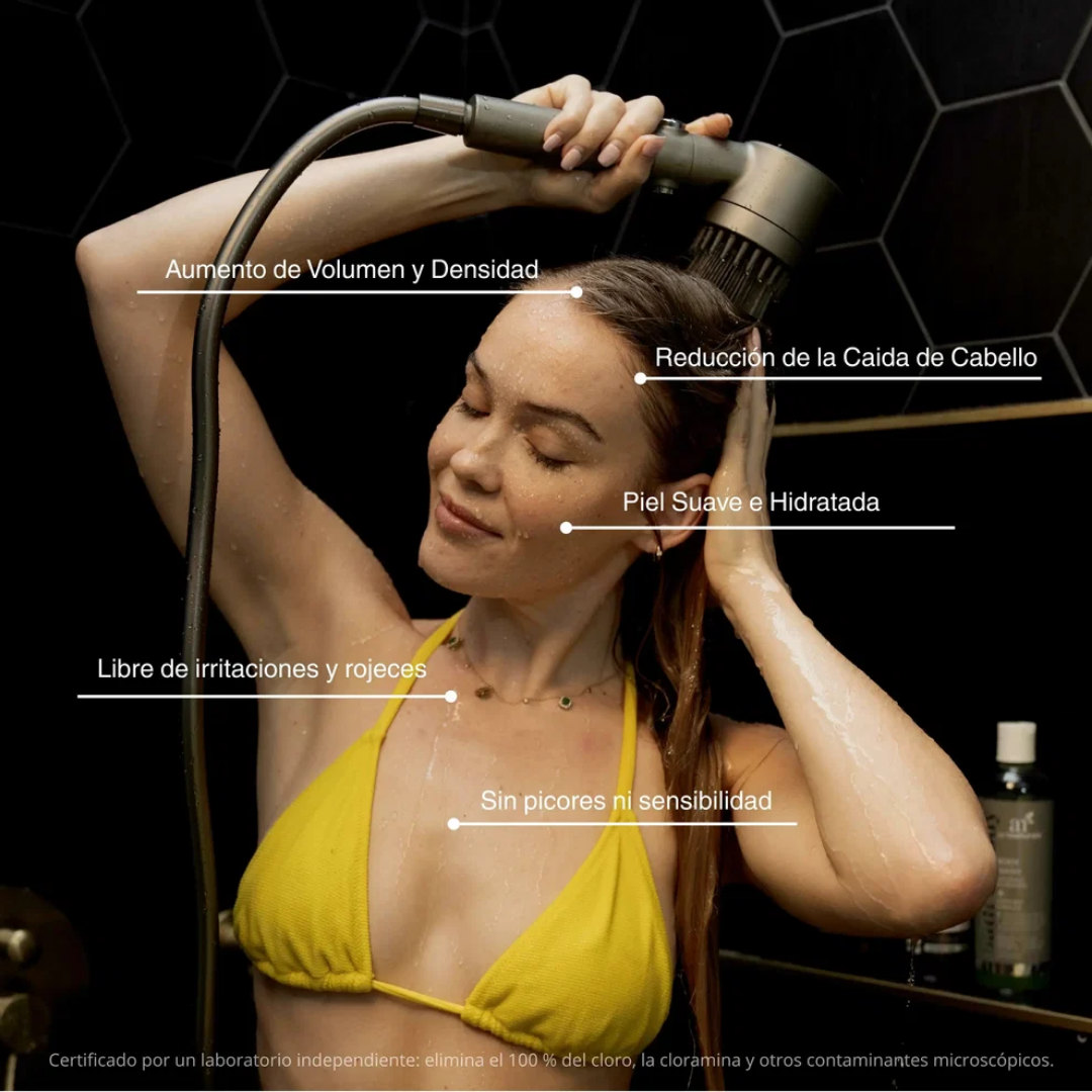 Cabezal de Ducha con Filtración Tri-Action · Elimina cal, cloro y metales pesados del agua