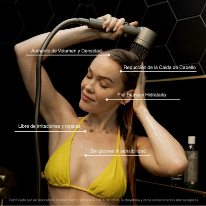 Cabezal de Ducha con Filtración Tri-Action · Elimina cal, cloro y metales pesados del agua