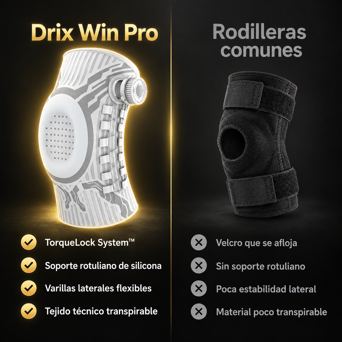 Rodillera Deportiva Drix Win Pro® con TorqueLock System™ (Soporte Rotuliano y Estabilidad Lateral)