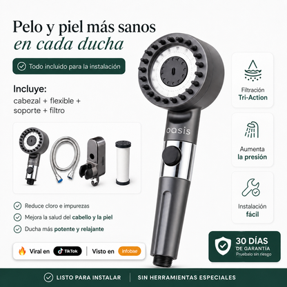 Cabezal de Ducha con Filtración Tri-Action · Elimina cal, cloro y metales pesados del agua
